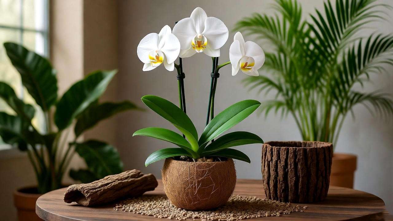 Eco-friendly orchid in a coconut husk and reclaimed bark mix with recycled pots and natural decor in a bright indoor setting.