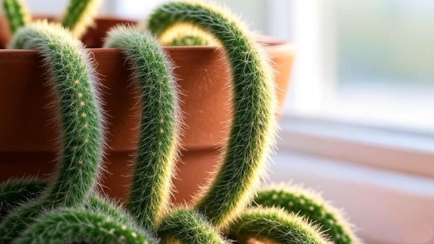 Healthy monkey tail cactus in pot with trailing stems