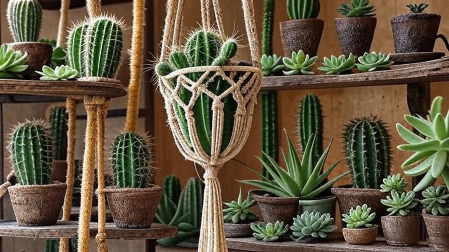 Monkey tail cactus in hanging basket and shelf display ideas