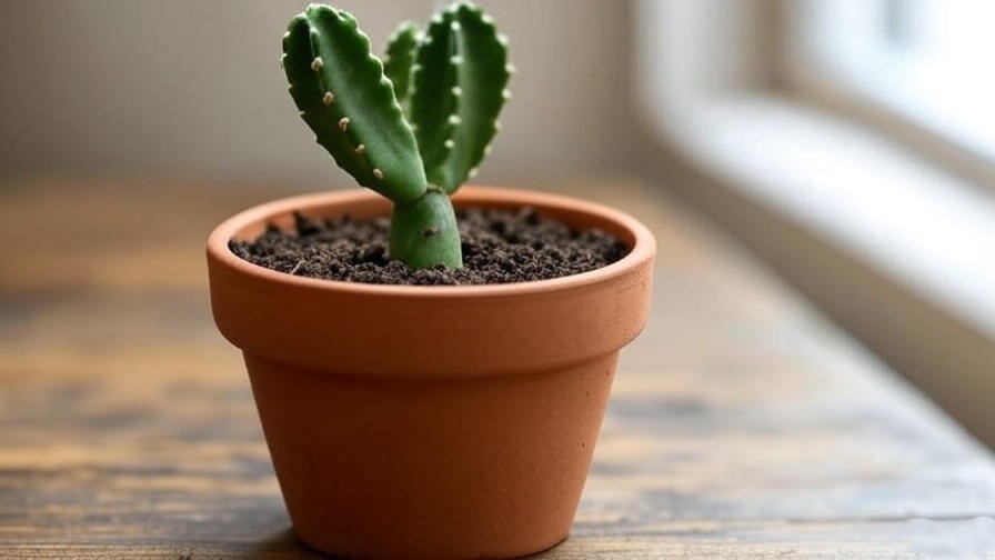 "Healthy cactus in a terracotta pot with well-draining soil and a small bud on a wooden surface."