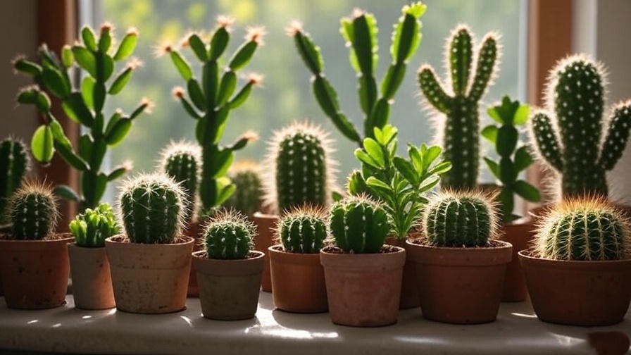 "Variety of blooming cacti including Christmas, Peanut, and Moon cactus on a windowsill with bright light." 