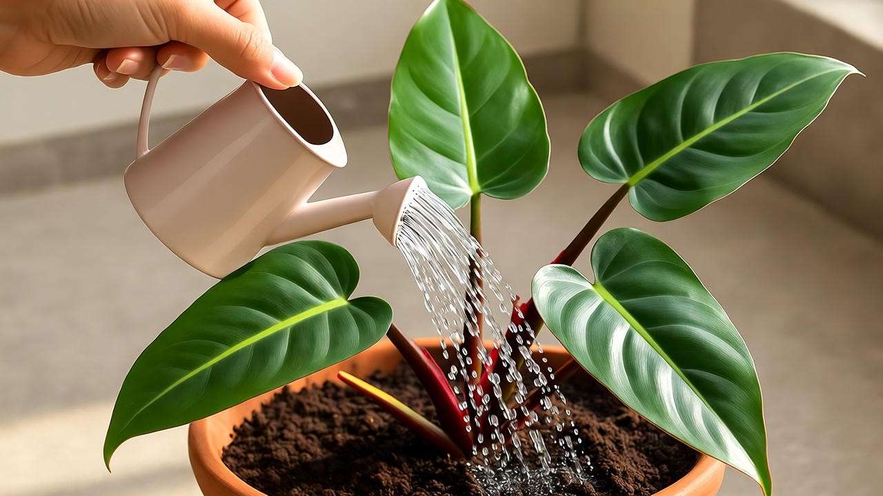 Hand watering Philodendron Red Heart with well-draining soil in a pot.