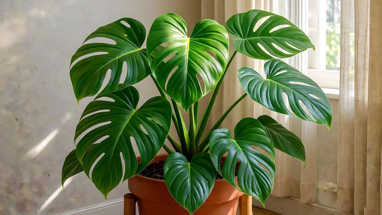 Lush philodendron congo plant in a terracotta pot near a window with filtered sunlight, showcasing vibrant green leaves in a cozy indoor setting.