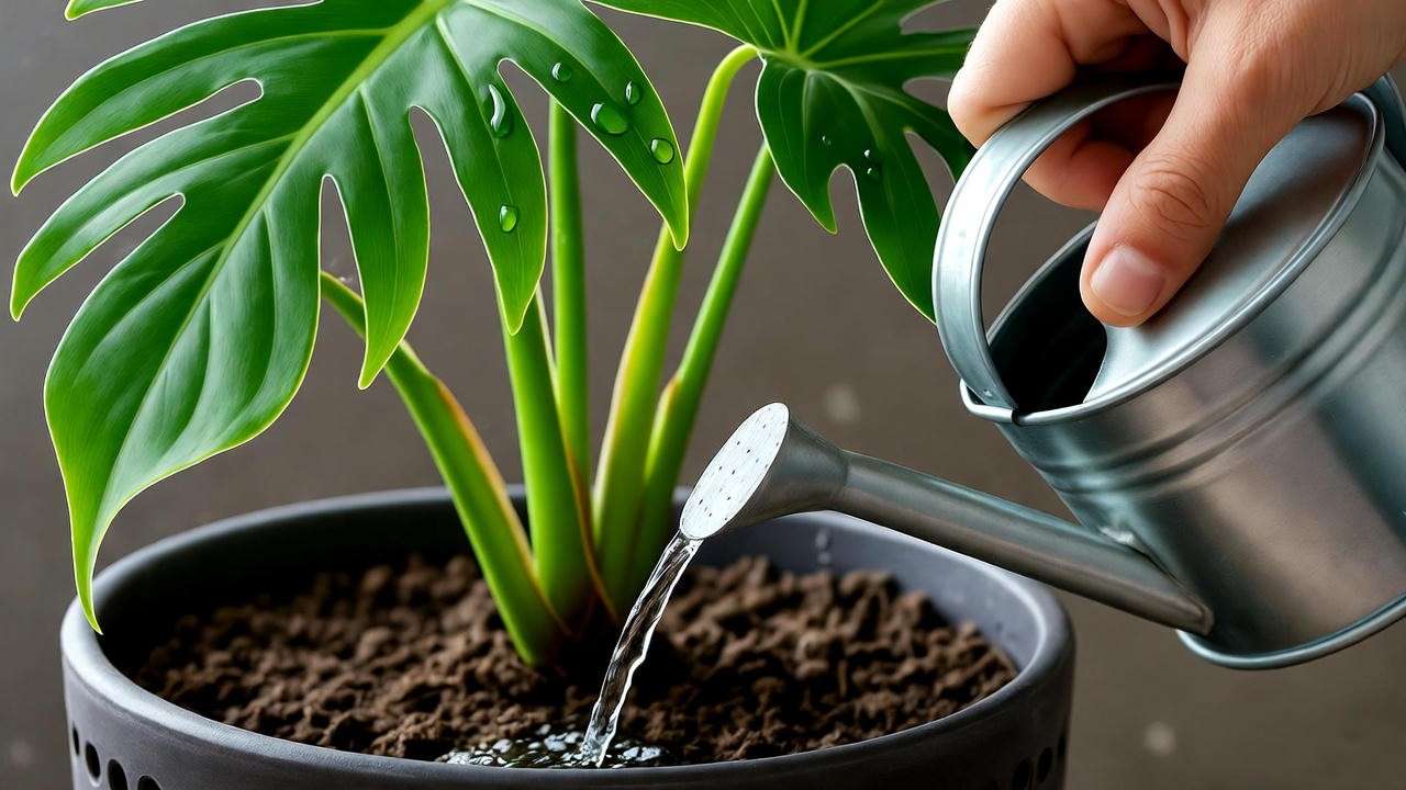 Close-up of watering a philodendron congo plant with a metallic can, showing glossy green leaves and well-draining soil in a bright indoor setting.
