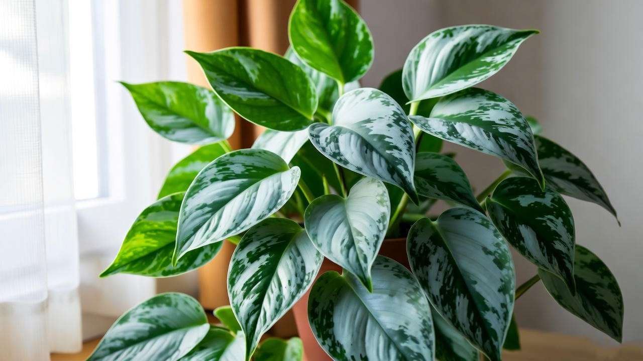 "Close-up of a silver pothos plant thriving in bright, indirect light near a window with sheer curtains."