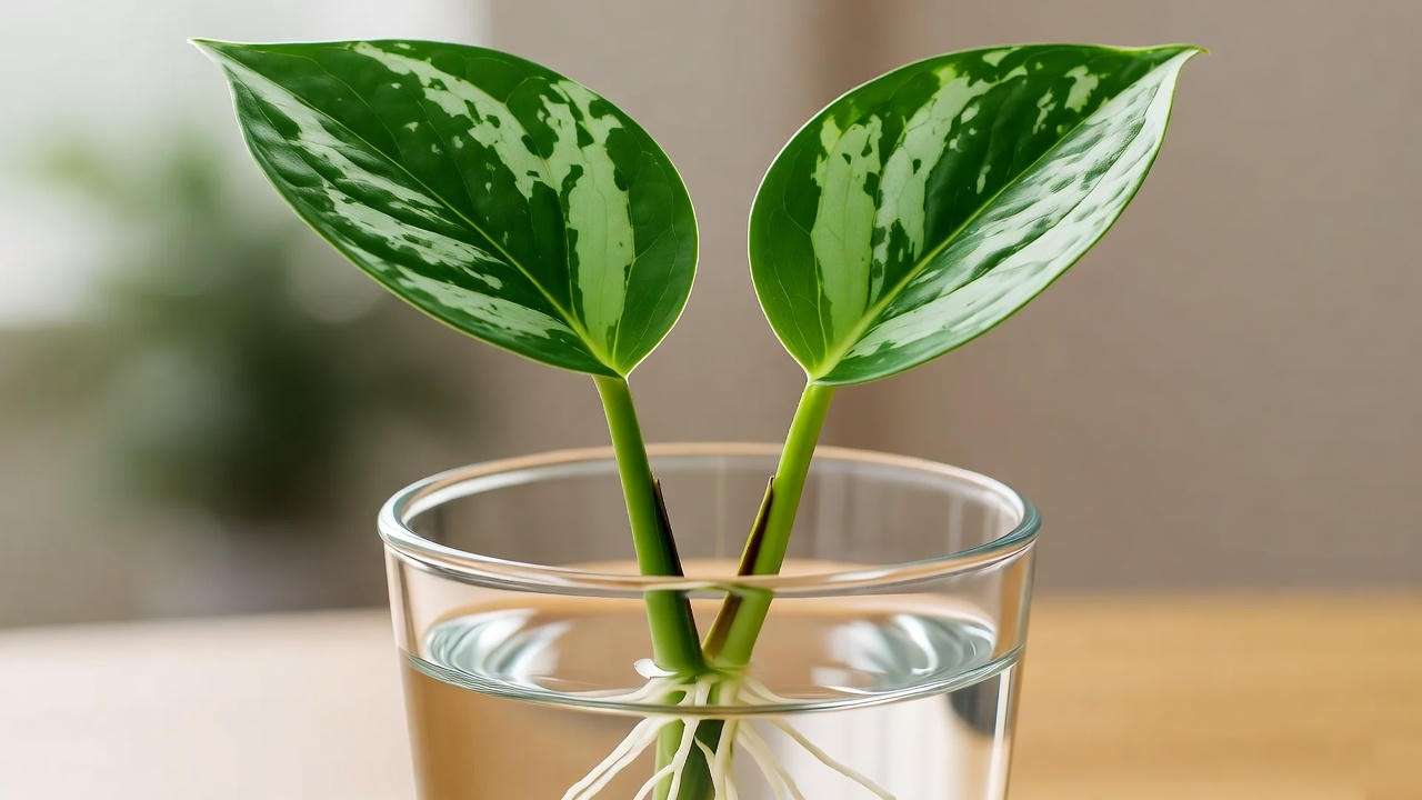 "Silver pothos receiving diluted fertilizer with a measuring spoon and bottle nearby."