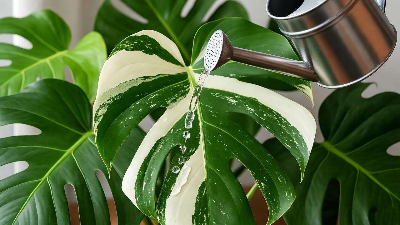 Monstera Albo leaf fertilized with diluted liquid fertilizer and watering can