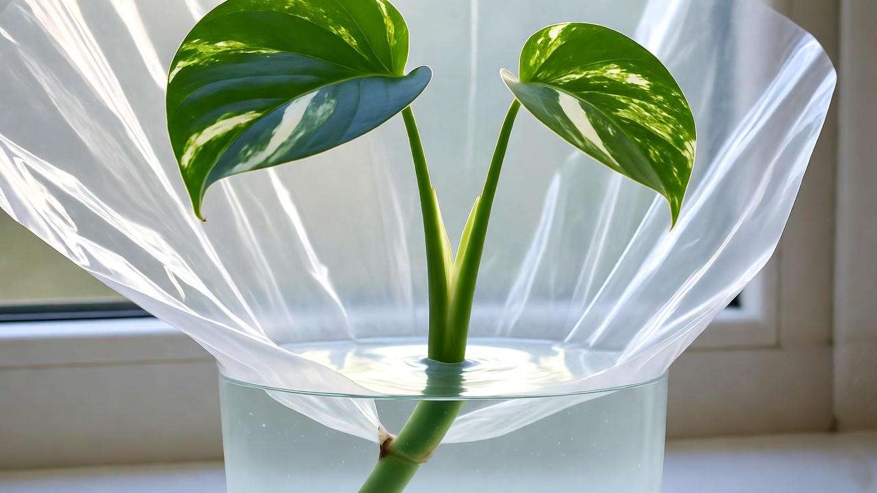 Monstera Albo stem cutting propagating in water with plastic bag humidity
