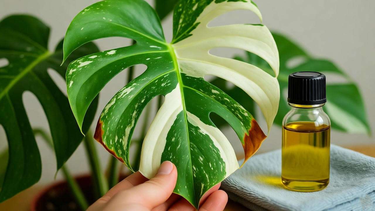 Monstera Albo leaf with browning edges and neem oil bottle nearby
