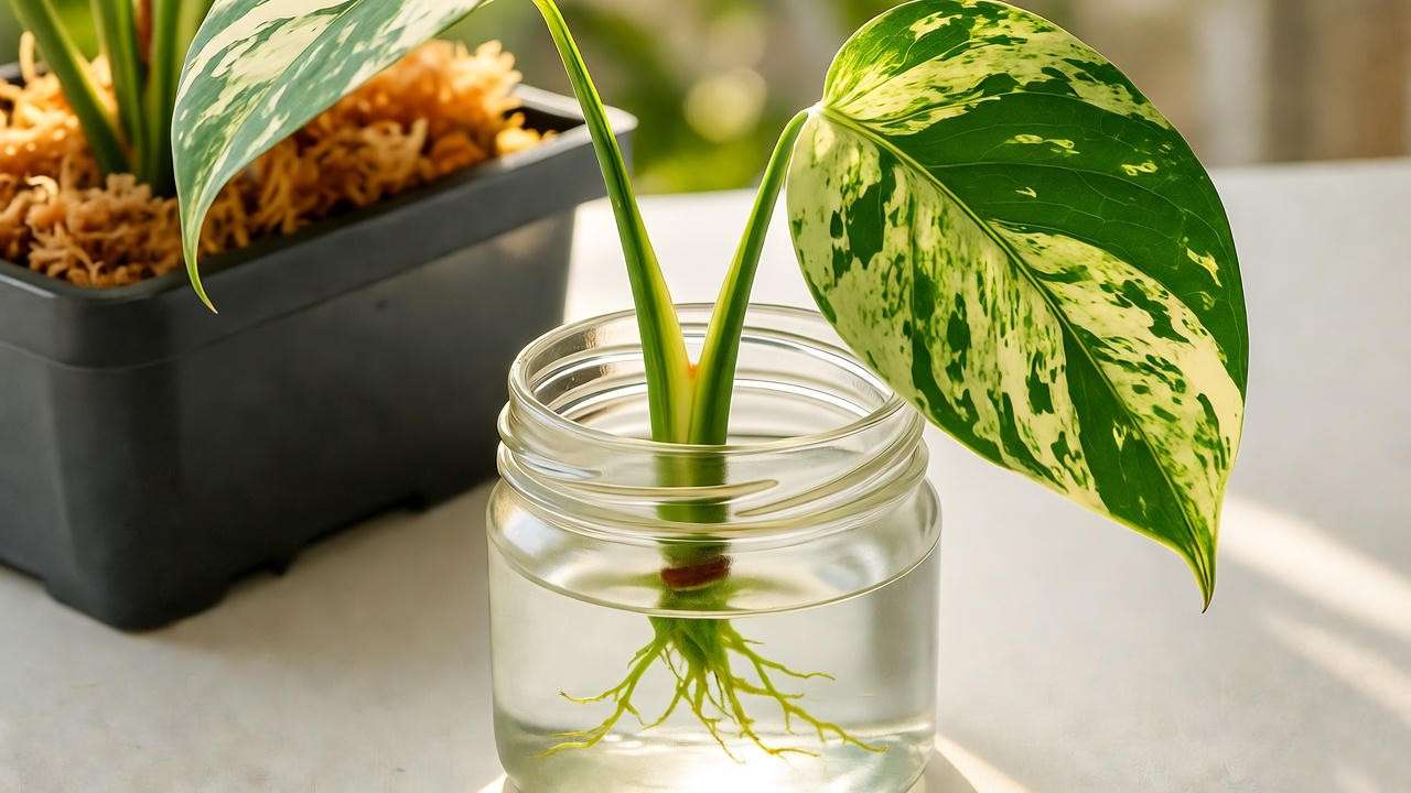 Variegated monstera stem cutting with roots in a glass jar for propagation.