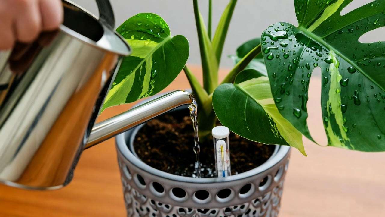 Hands watering a variegated monstera with a moisture meter in a decorative pot.
