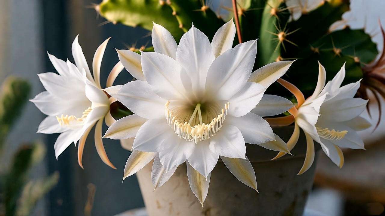 "Night-blooming orchid cactus with white flowers in a hanging planter."