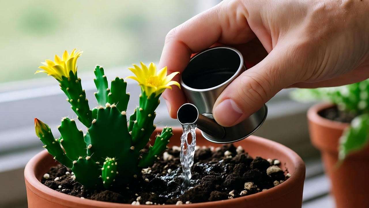 "Hand watering a flowering cactus with a small can in well-draining soil."