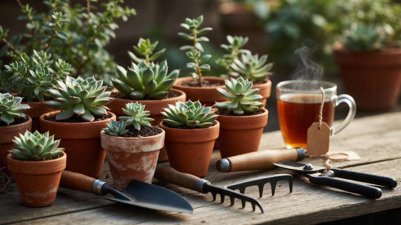Flat lay of small succulents and gardening tools representing mindful indoor gardening.