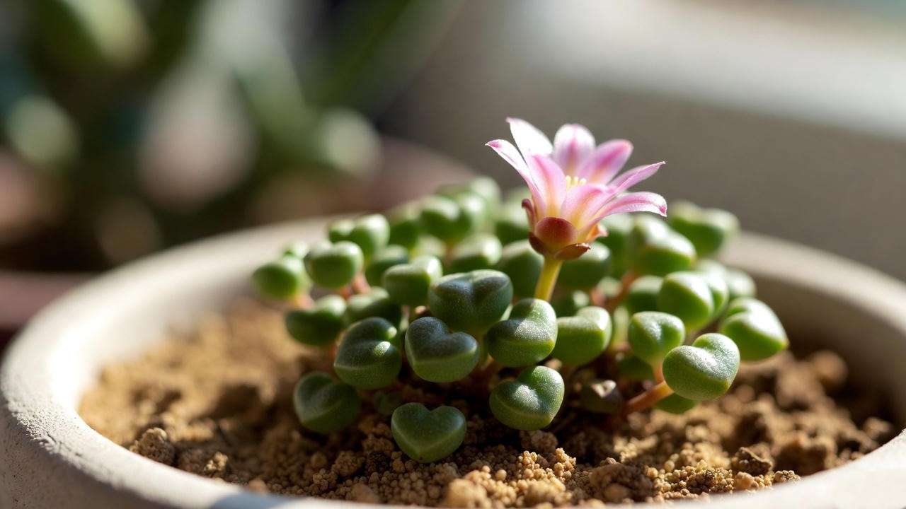 Conophytum minimum succulent with heart-shaped leaves and a delicate pink flower.