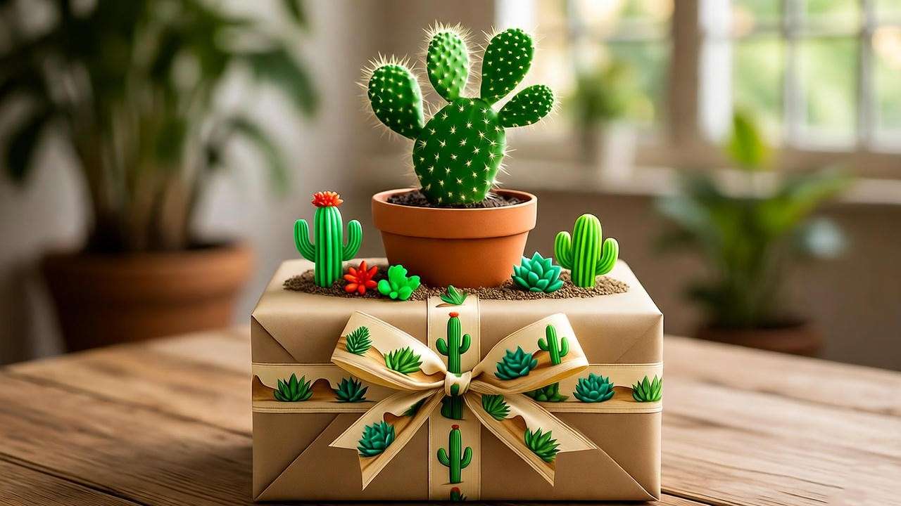 "Gift box with cactus candy and a potted prickly pear cactus with desert-themed ribbon."