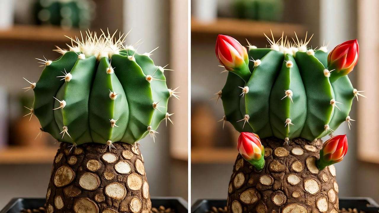 Before and after moon cactus graft producing flower buds indoors