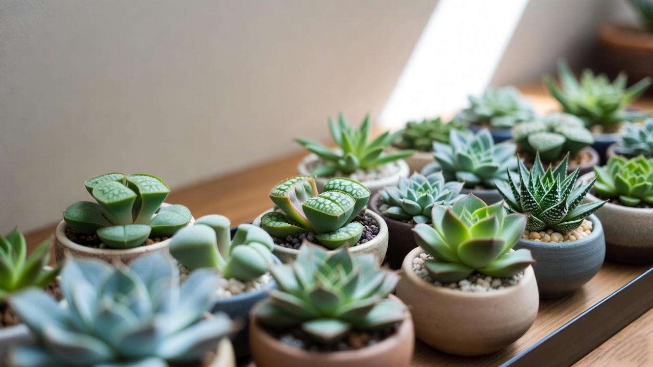 Collection of the smallest succulent varieties arranged in minimalist indoor pots.