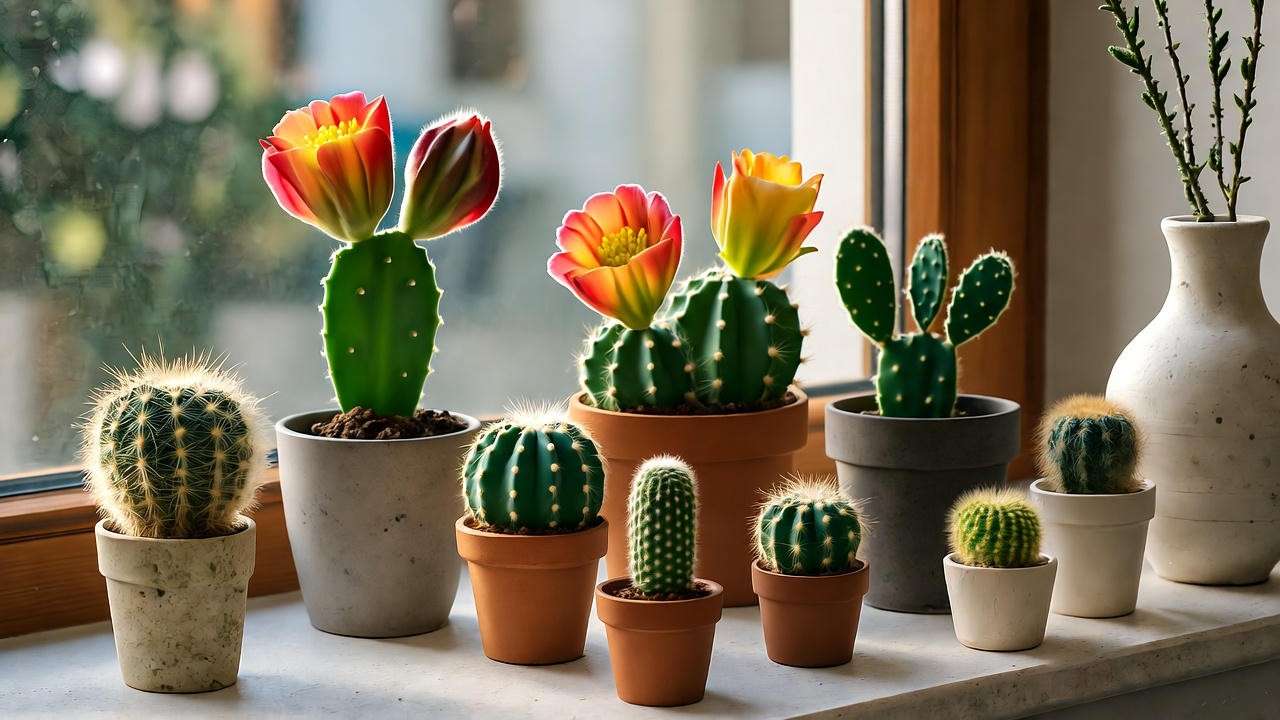 "Small flowering cacti on a windowsill with modern decor elements."