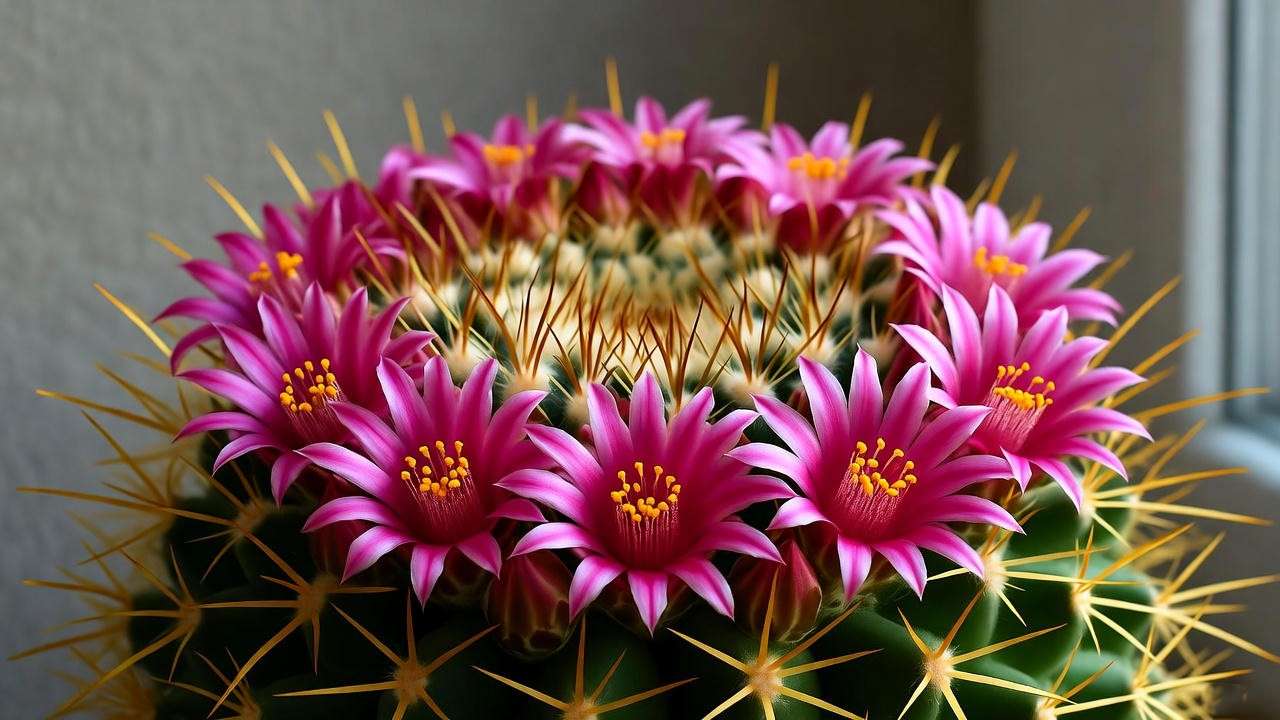 Mammillaria cactus crown with ring of pink cactus blossoms indoors
