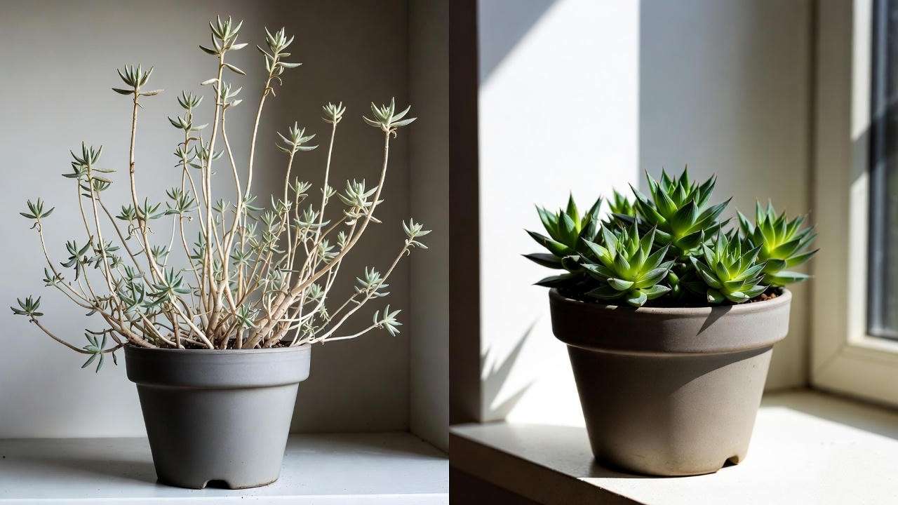 Before and after etiolation fix: stretched vs healthy spiky succulent with proper light