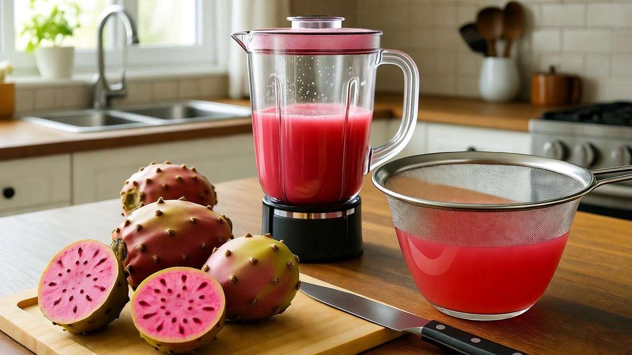 "Step-by-step process of peeling and juicing prickly pear fruit in a bright kitchen."
