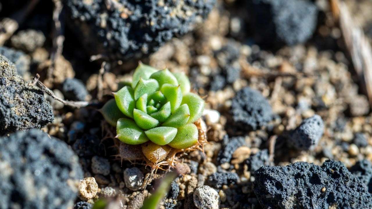 Blossfeldia liliputana, the world’s smallest succulent cactus, growing between natural rocks.