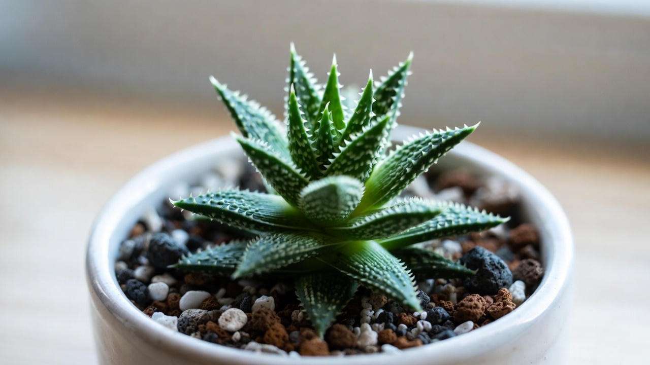 Mini Saw-Tooth Aloe (Aloe juvenna) in white ceramic bowl with soft spiky edges for beginners