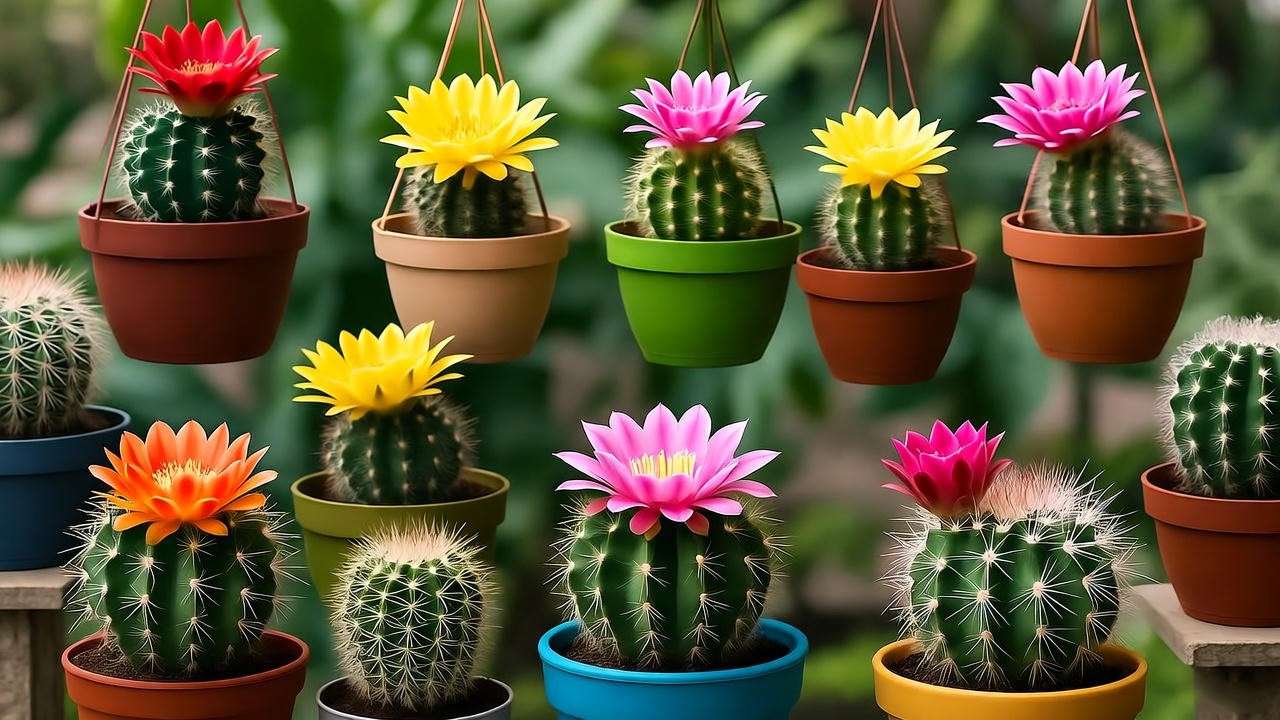"Indoor desert-themed display with flowering cacti in colorful pots."