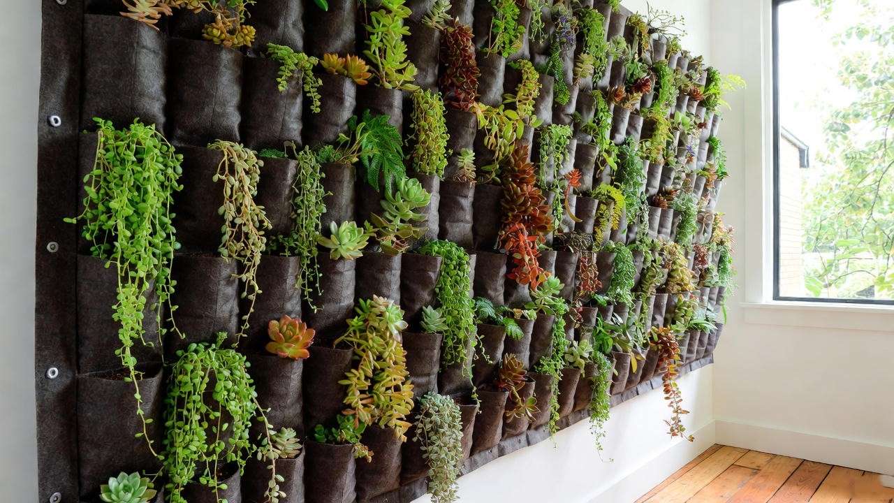 Indoor vertical succulent wall garden with trailing and upright sedums in felt pockets