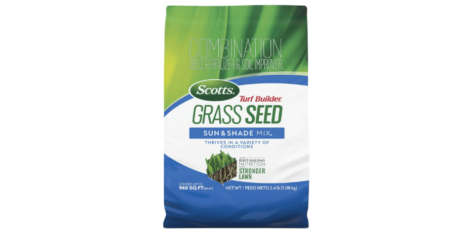 Scotts Turf Builder Grass Seed Sun & Shade Mix with Fertilizer and Soil Improver, Thrives in Many Conditions, 2.4 lbs.