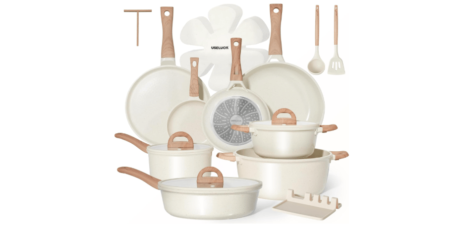 Pots and Pans Set Non Stick Non-Toxic 22 Pcs Ceramic Cookware Sets Nonstick Kitchen Pot&Pan With Lid Cream White Granite Induction Compatible with Glass...