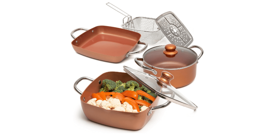 Moss & Stone 7 Pcs Copper Chef Cookware Non Stick Deep Frying Pan 9.5" x 3.5", Fry Basket, Dishwasher & Oven Safe, 5 Qt Deep Square Pot, Non...