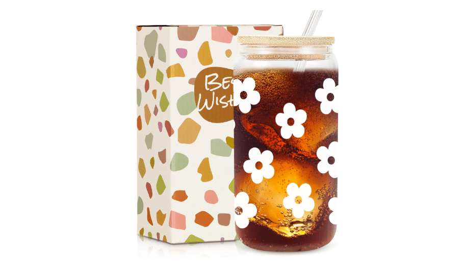 Daisy Glass Cup with Lid & Straw, Cute Daisy Gifts for Friends Female, Best Friend Birthday Gifts, Iced Coffee Glass, Aesthetic Cups, Floral Cup, 16oz