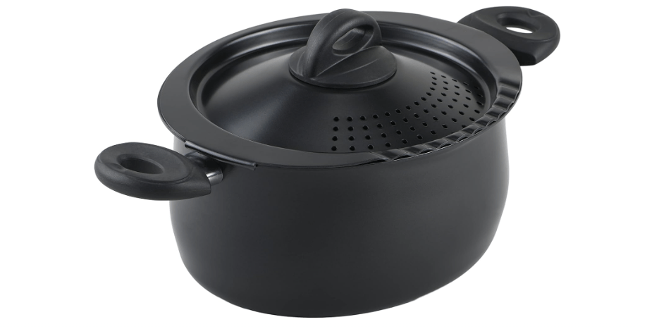 Bialetti 5.5-Quart Nonstick Aluminum Pasta Pot with Strainer Lid and Handles, PFOA-Free Nonstick Oval Cooking Pot and Lid, Black