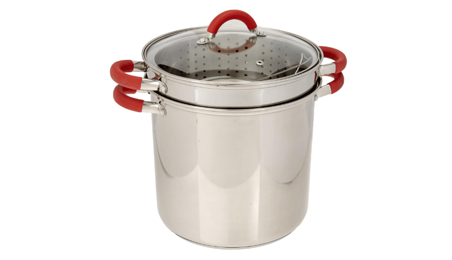 EXCELSTEEL 12 Qt Multifunction Stainless Steel Pasta Cooker with Encapsulated Base, Vented Glass Lid, and Riveted Silicone Covered Handles, 10"D x 13...