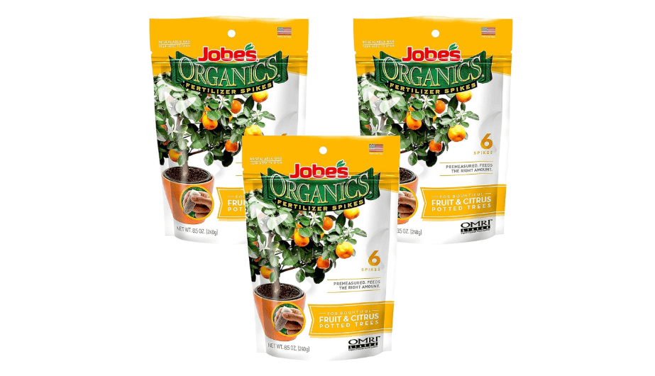 Jobe’s Organics Fruit & Citrus Tree Fertilizer Spikes, 3-5-5 Time Release Fertilizer for all Container or Indoor Fruit Trees, 6 Spikes per Package (3)