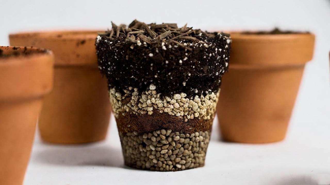 DIY succulent potting mix layers with pumice coco coir and pine bark in terracotta pots
