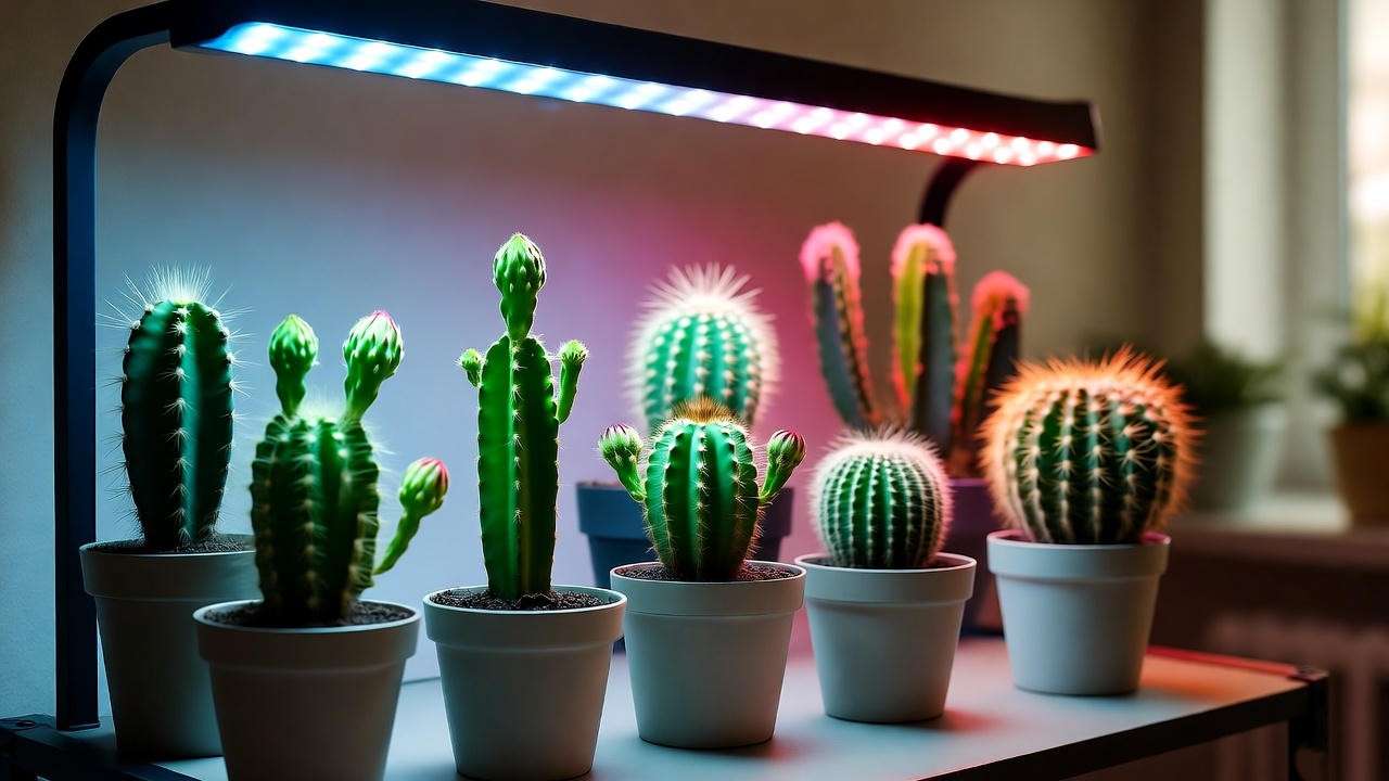 LED grow lights optimizing light for indoor cactus berry yield and flowering.