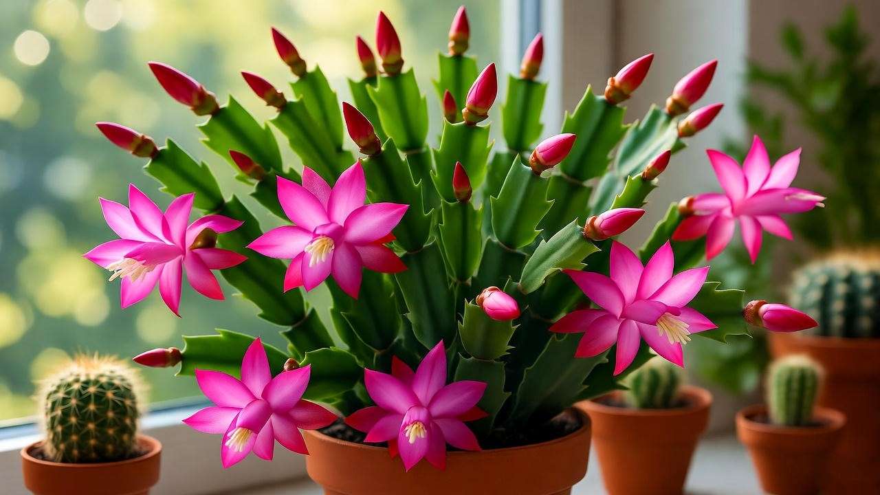 "Close-up of Christmas cactus with pink and red blooms in an indoor setting with terracotta pots."