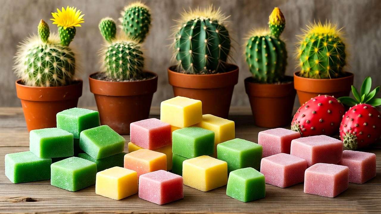 "Homemade cactus candy in various shapes with fresh prickly pear fruit and cacti on a wooden table."