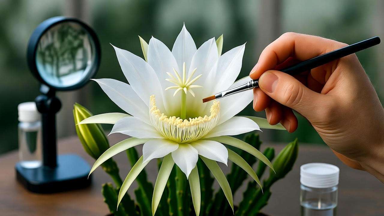 Step-by-step hand pollination of indoor cactus flower for berry fruit set.