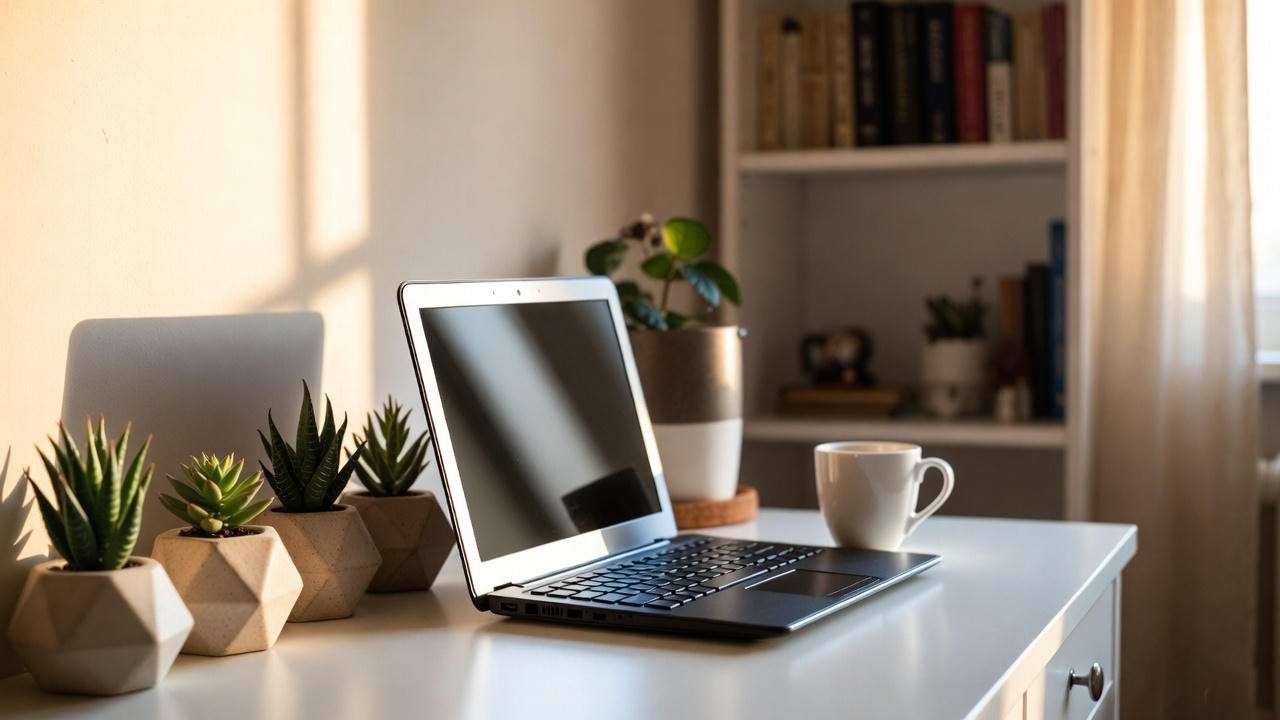 Small succulents decorating a modern minimalist desk setup.