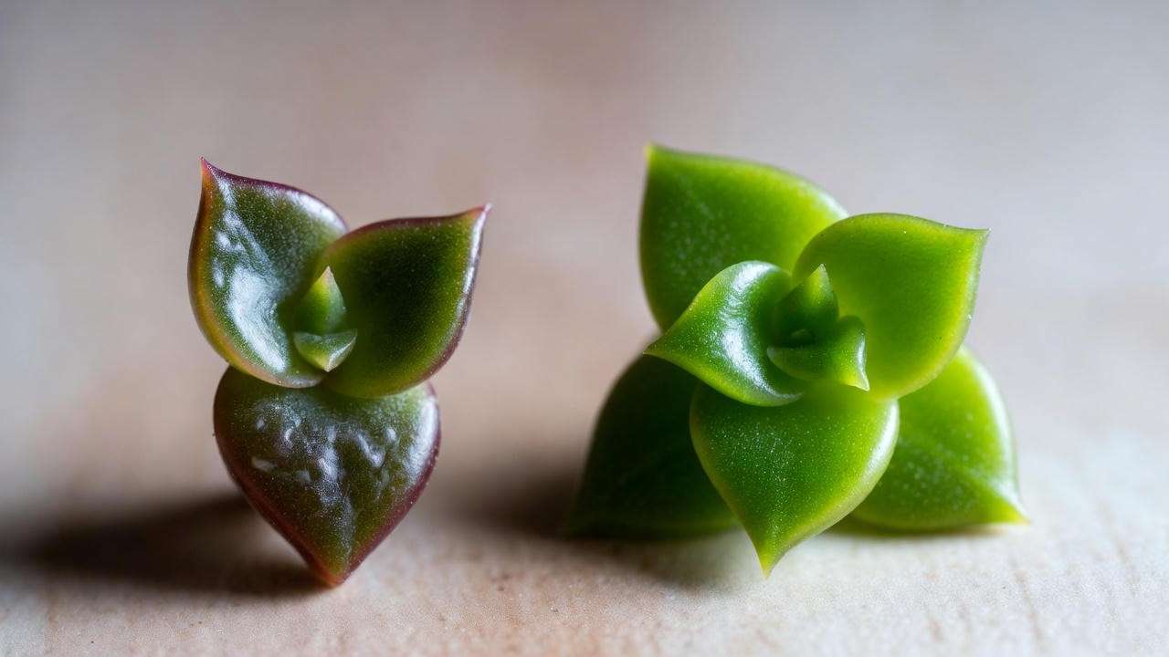 Comparison of healthy and overwatered small succulent leaves.