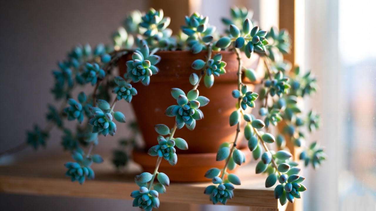 Sedum morganianum Burrito trailing succulent in terracotta pot for indoor display