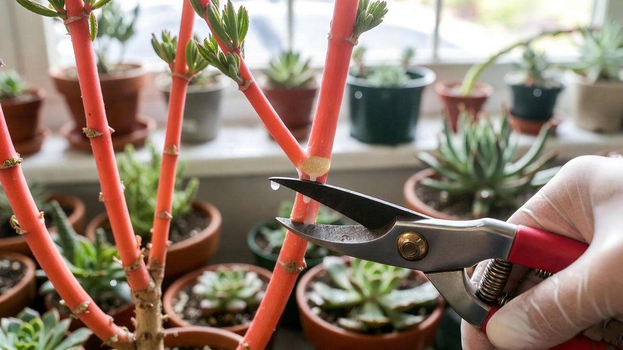Safe pruning of Euphorbia ‘Sticks on Fire’ showing latex sap – essential spiky succulent propagation tip