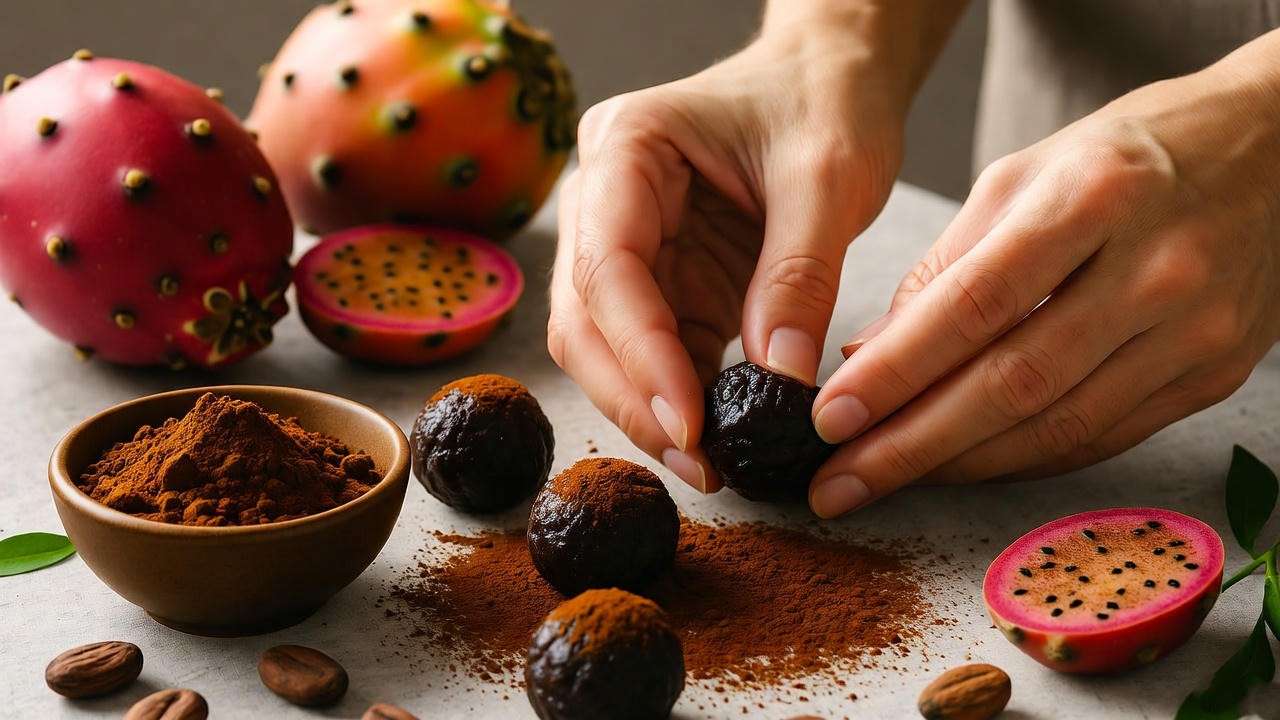 "Close-up of hands shaping cactus candy truffles with chocolate and prickly pear puree."