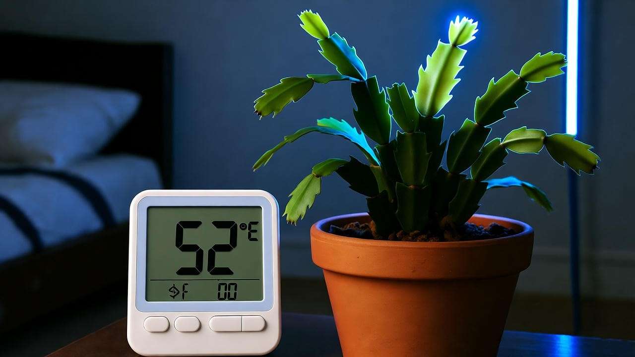 Night temperature drop setup for holiday cactus dormancy indoors