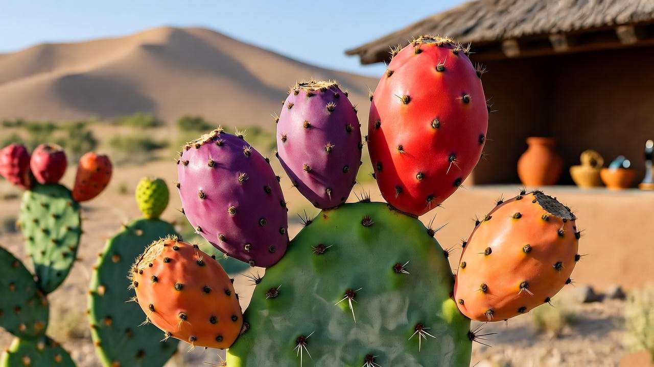 "Ripe prickly pear fruit on a cactus plant in a desert setting with a Southwestern kitchen background."