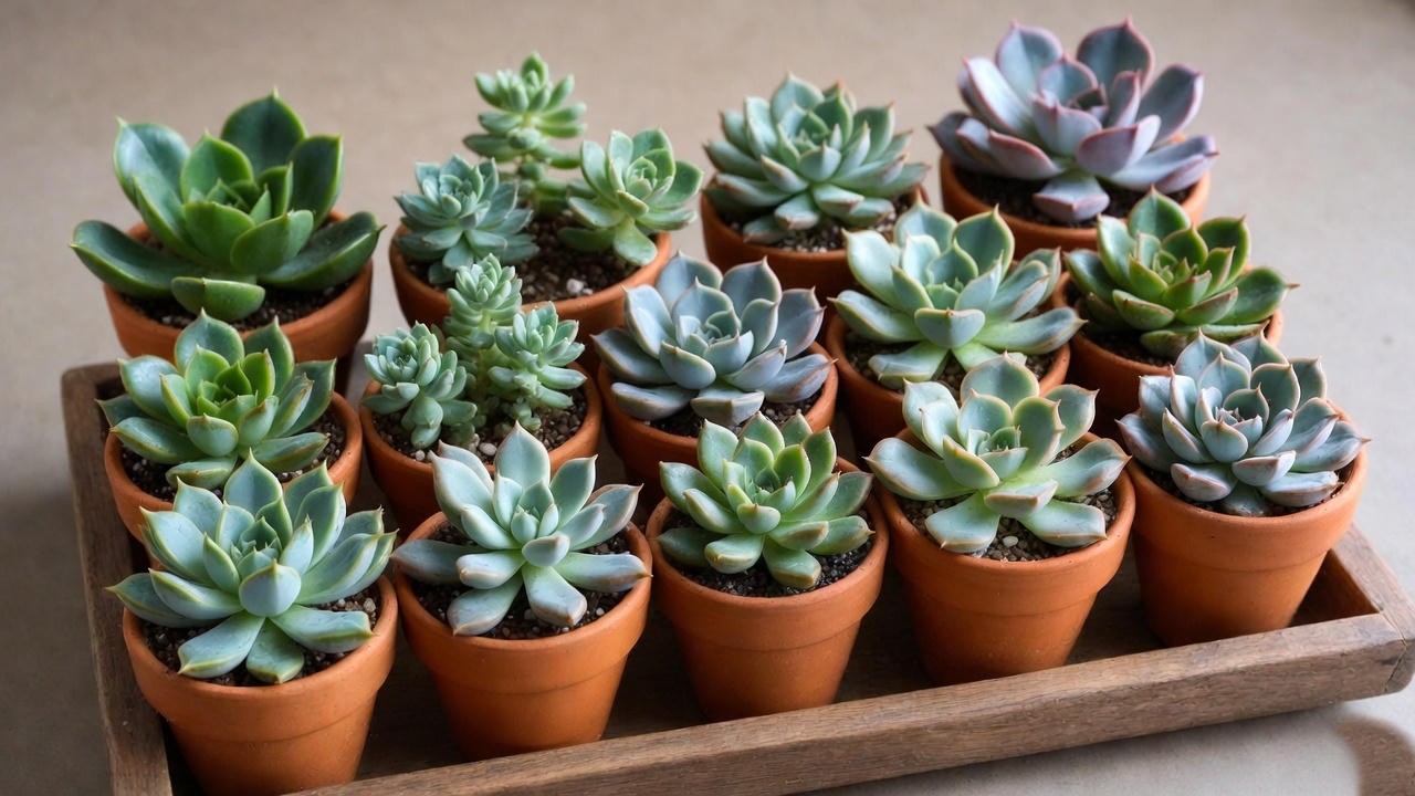 Mini potted succulent gift set in terracotta pots displayed on a wooden tray.